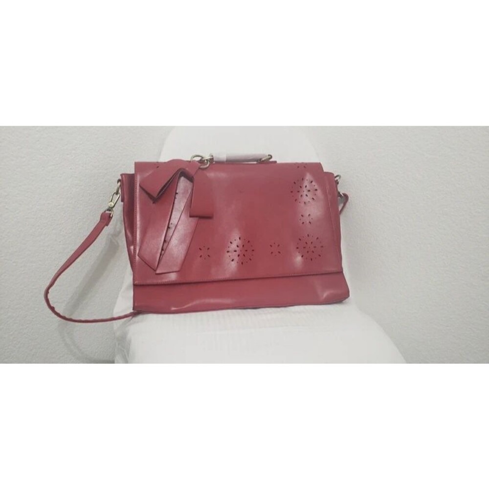 Vintage Red Leather Satchel Crossbody Bag with Laser-Cut Floral Detail